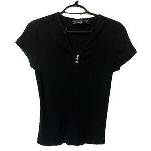 Y2K NWD Ribbed T-shirt Womens Black Short Sleeve Fitted 2000s Cropped Baby Tee